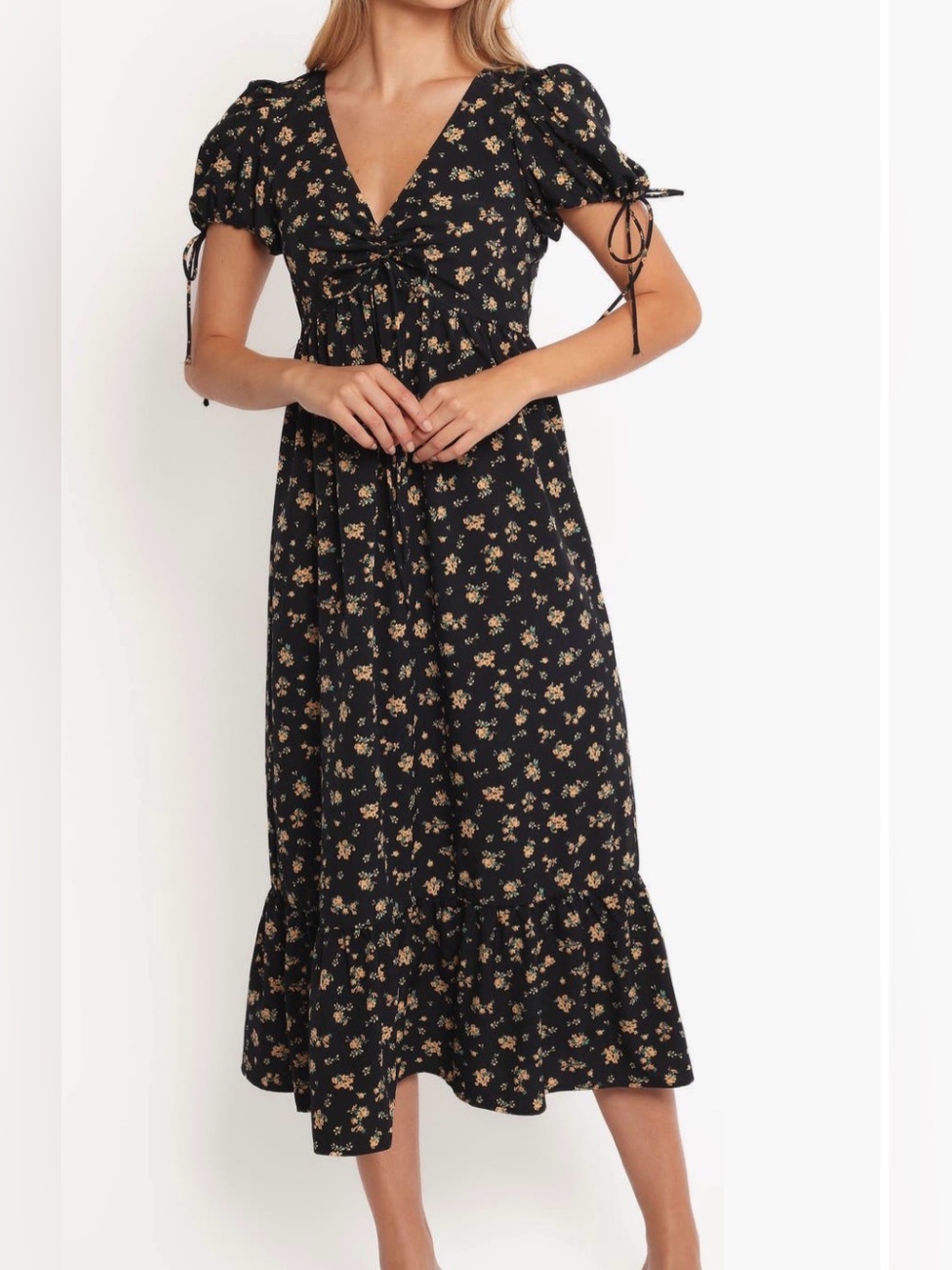Petal & Pup Black Floral Midi Dress with Puff Sleeves